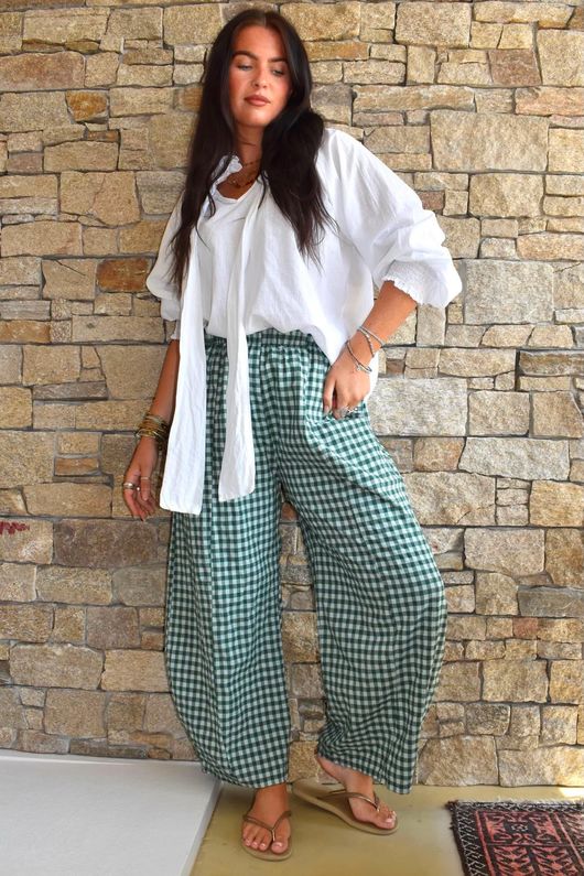 Nonni Gingham Relaxed Barrel Pant Forest